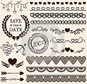 Love, romance and wedding design elements. Vector set.