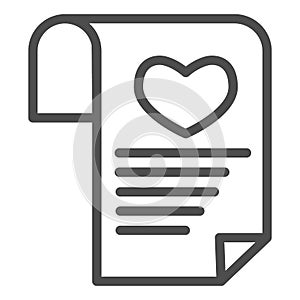 Love or romantic letter line icon. Newspaper with heart and lines symbol, outline style pictogram on white background