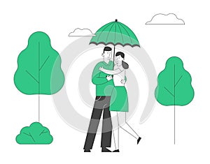 Love, Romantic Relations. Man and Woman Dating, Loving Happy Couple Hugging and Walking under Umbrella in Park