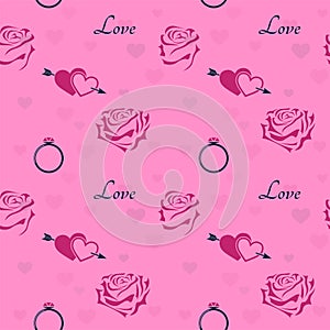 Love romantic seamless pattern with roses, rings and hearts. valentines day background