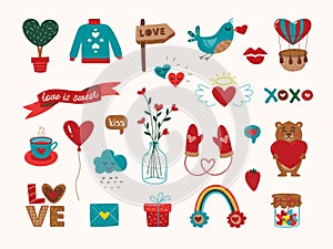 Love romantic stickers. Cute sticker for letter or diary, postcards patch kit. Heart and bouquet, rainbow and cartoon