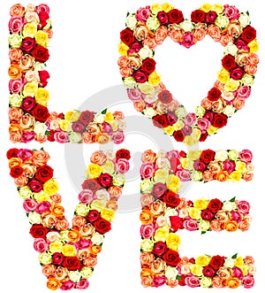 LOVE, roses flower letters isolated on white