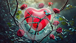 Love\'s Dilemma: Heart Balloon in Thorny Rose Tree