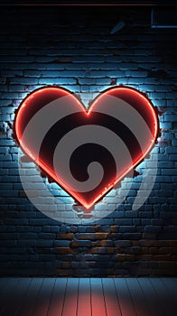 Love\'s radiance: red neon heart adorned by blue frame on textured brickwall backdrop. photo