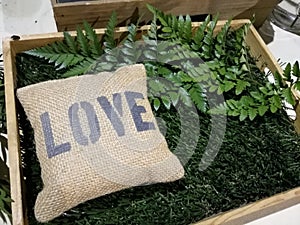 Love sack bag souvenir in the wood box to decorate or give in the wedding, Valentine day