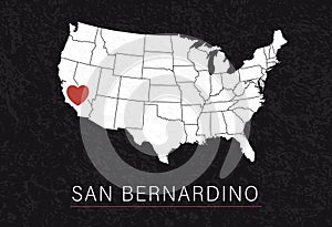 Love San Bernardino Picture. Map of United States with Heart as City Point. Vector Stock Illustration