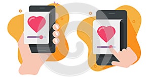 Love satisfaction level heart slider icon graphic illustration flat cartoon on cell phone app, feedback meter indicator concept on