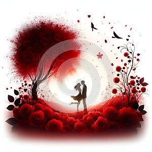A love scene of a couple lover, with cute love tree, red rose petals arounds, flying birds, romantic, dreamy, fantasy art