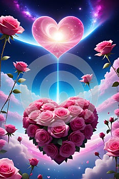 A love scene of heart made by pink flower rose, in the blue sky with clouds, flower petals, romantic athmosphere, anime art