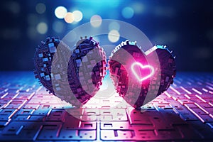 Love science demonstrated through two hearts interconnected by circuit board cyber network