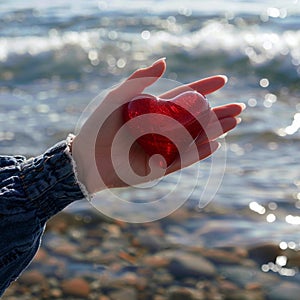 Love by the sea Womans hand cradles red heart affectionately