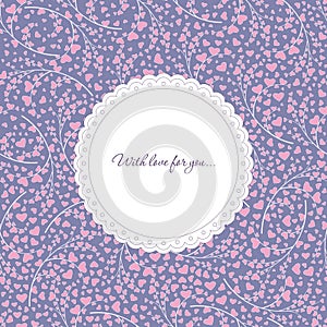 Love seamless background. Elegant card with swirls and hearts on a violet background