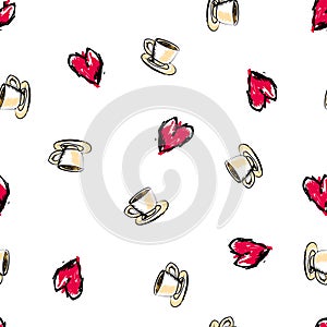 Love seamless pattern. Abstract background with cup and heart.