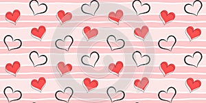 Love seamless pattern with black and red hearts on a pink striped background