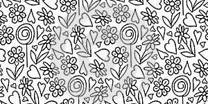 Love seamless pattern. Flowers, hearts, lollipop. Hand-drawn sketch vector black linear illustration on white