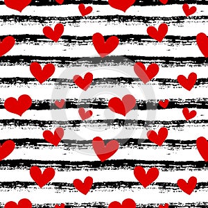 Love seamless pattern with red hearts. Striped background