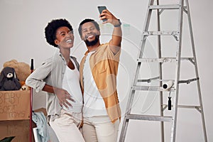 Love, selfie or happy black couple in home renovation, diy or house remodel together by apartment ladder. Photo smile