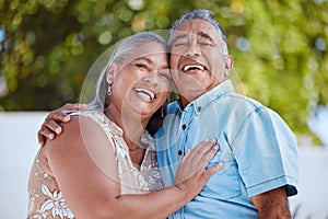 Love, senior couple and hug happy to celebrate marriage, anniversary and retirement together outdoor being romantic
