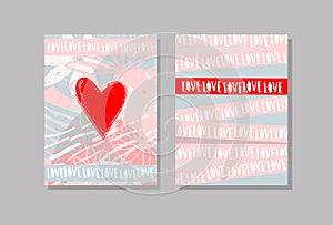 Love. Set of modern cards on an abstract floral background. Pink poster with a red heart and text for wedding, Valentine