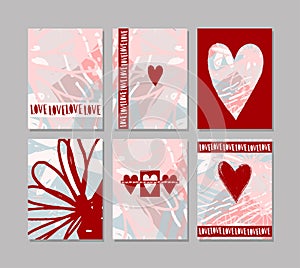 Love. Set of modern cards on an abstract floral background. Pink and red poster with heart and text for wedding, Valentine s day,