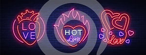 Love is a set of symbols. Collection of neon signs on the theme of Valentine s Day. Flaming banner for greetings