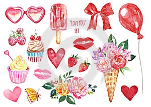 Love set of valentines Day symbols. Watercolor red hearts, pink kiss, flowers, ice cream, sweets and treats for cards design