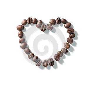 Love sign with coffee beans arranged Heart shape over white background