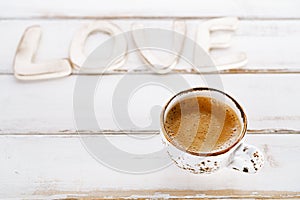 LOVE sign letters with espresso coffee cup