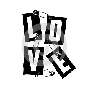 Love slogan on ripped paper and secured by safety pin. T shirt design print, typography graphics for tee shirt. Vector