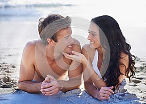 Love, smile and relax with couple on beach together for summer vacation, holiday or romance on sand. Travel, island or