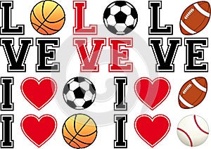 Love soccer, football, basketball, baseball, vecto