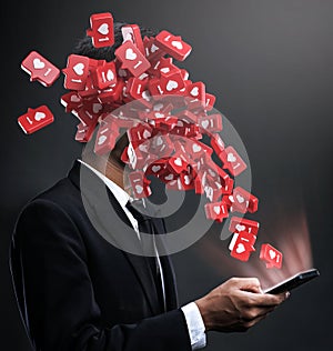 Love Social Media Post Addiction Concept. Businessman Open Phone Love Icons Pop Up to The Face