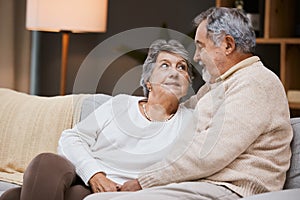 Love, sofa and senior couple talking, marriage and bonding for relationship, retirement and romance. Romantic, elderly