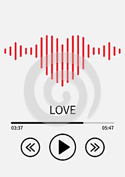 LOVE song track. Sound wave music player. Red heart sign symbol. Happy Valentines Day greeting card, poster, banner template. Flat