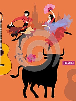 Love Spain, drawing symbols of Spain. Decorative poster. Black toro, flamenco dancers, flower, guitar, silhouette of building photo
