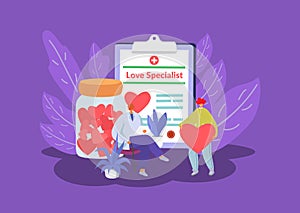 Love specialist, marriage counselling psychotherapy session with tiny people sexologist office, heart symbol flat vector photo