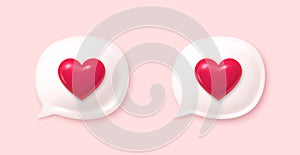 Love speech bubbles with hearts icons. 3d chat comment love icons. Like message box. Social media dialog banner. Vector