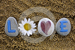 Love spell out from stones with letters, heart and flower