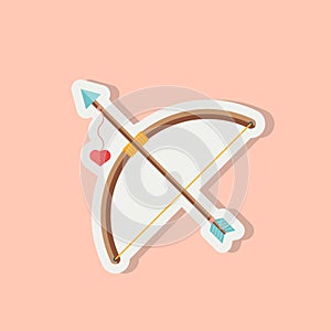 Love sticker with cupid arrow and bow. Romantic elements of valentine`s weapon. Valentines day icon with symbols of true love and