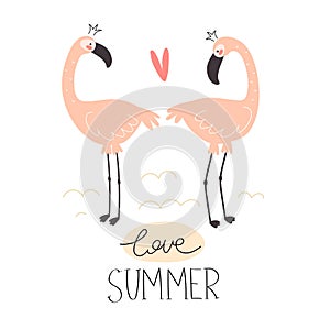 Love summer. cartoon flamingo, hand drawing lettering, decor elements. Summer colorful vector illustration, flat style.