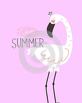 Love summer. cartoon flamingo, hand drawing lettering, decor elements. Summer colorful vector illustration, flat style.