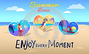 Love summer poster banner with typography slogan, enjoy every moment, couples kissing inside hearts