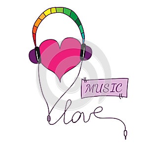 Love symbol with heart in earpieces with love and music text photo
