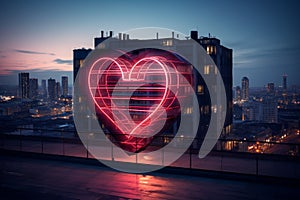 Love symbolized by a red heart neon sign against the cityscape backdrop