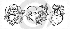 Love symbols - hearts, roses and ribbons