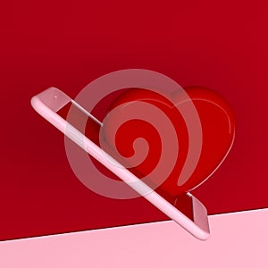Love and technology concept with; heart and smart phone.Valentines day.3d rendering. 3d illustration.
