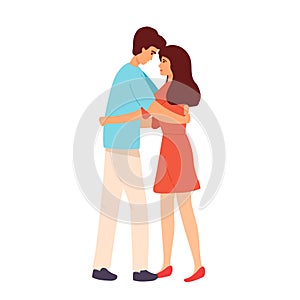 Love tenderness and romantic feelings concept. Young loving smiling couple boy and girl standing hugging embracing each
