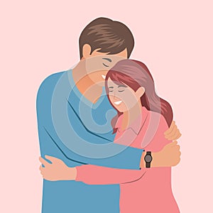 Love tenderness and romantic feelings concept. Young loving smiling couple boy and girl standing hugging embracing each other