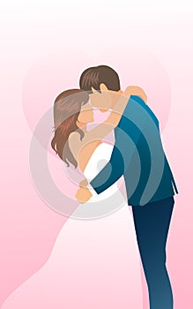 Love tenderness and romantic feelings concept. Young loving smiling couple boy and girl standing hugging embracing each other