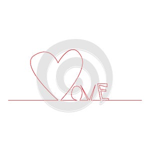 Love text with continuous line drawing of heart isolated on white background, love lettering for greeting card, poster